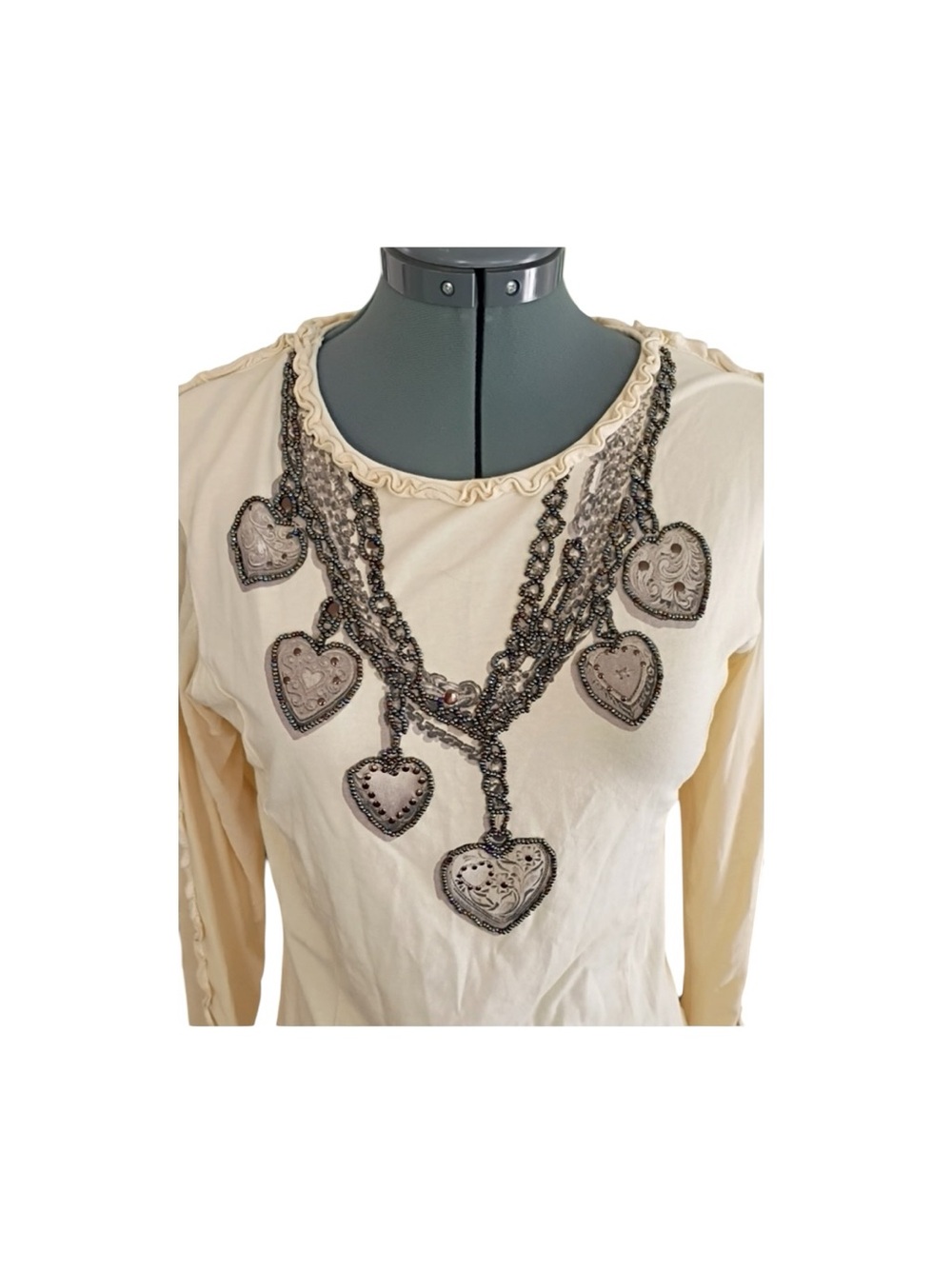 Double D Ranch Cream Embellished Heart Necklace Long Sleeve Top